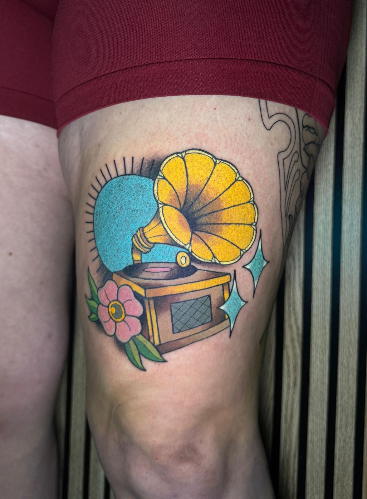 Colour neo-traditional gramophone tattoo