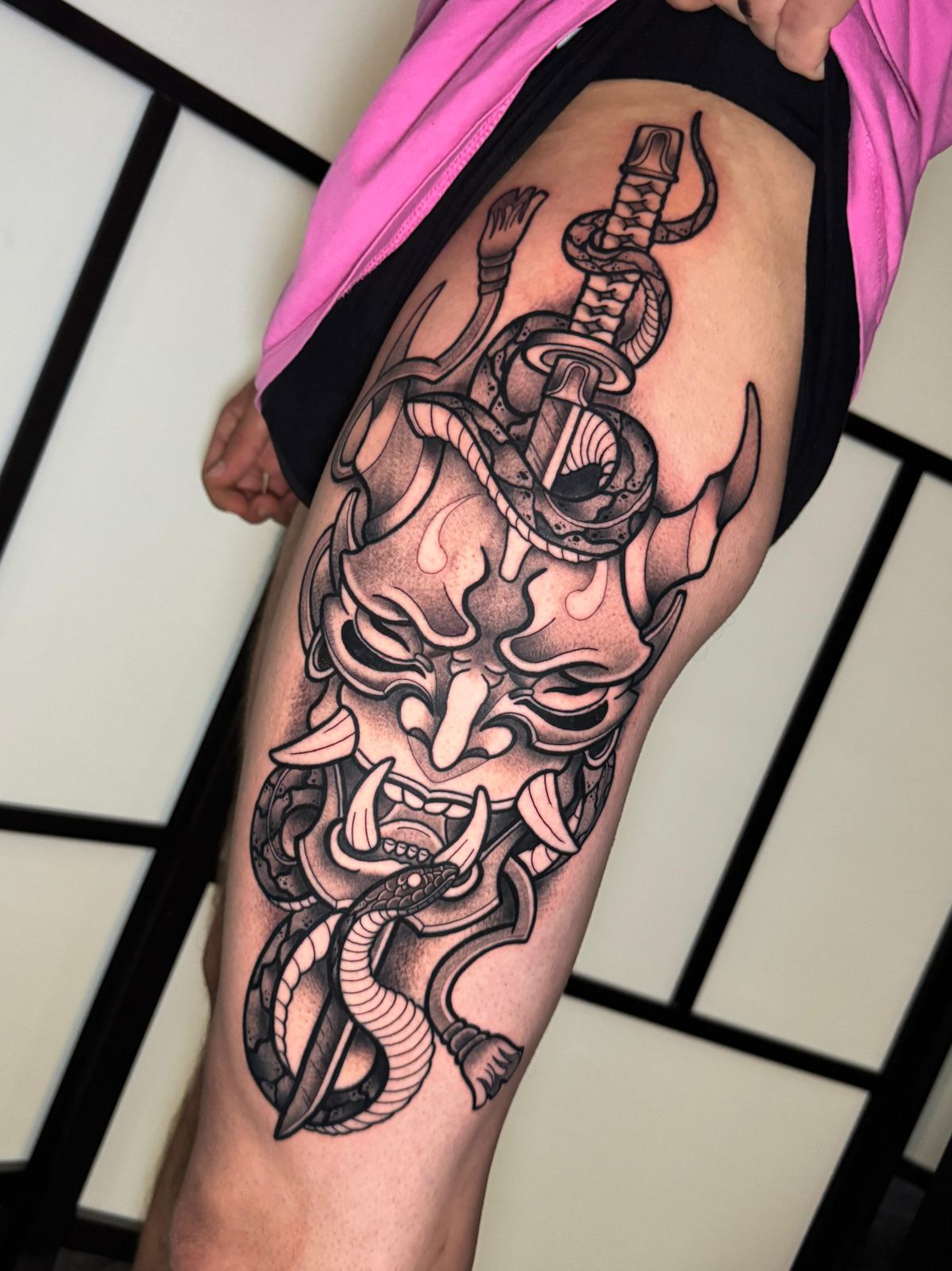 Hannya mask tattoo in neo blackwork