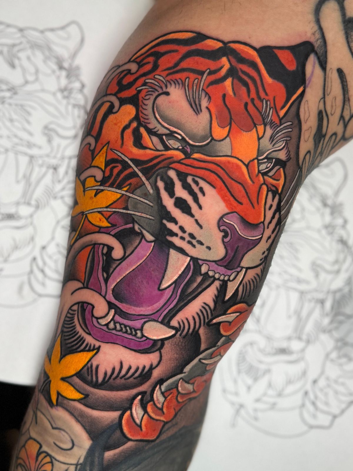 Colour neo-traditional tiger tattoo