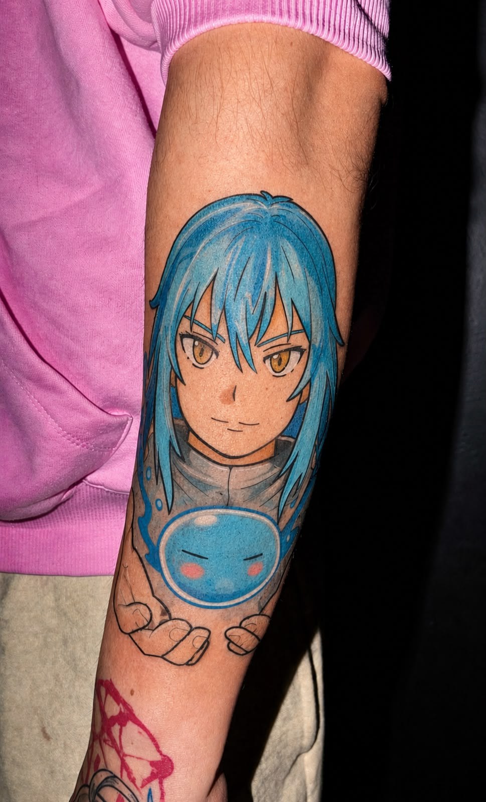 Colour anime tattoo of a blue-haired character, by Tuiti