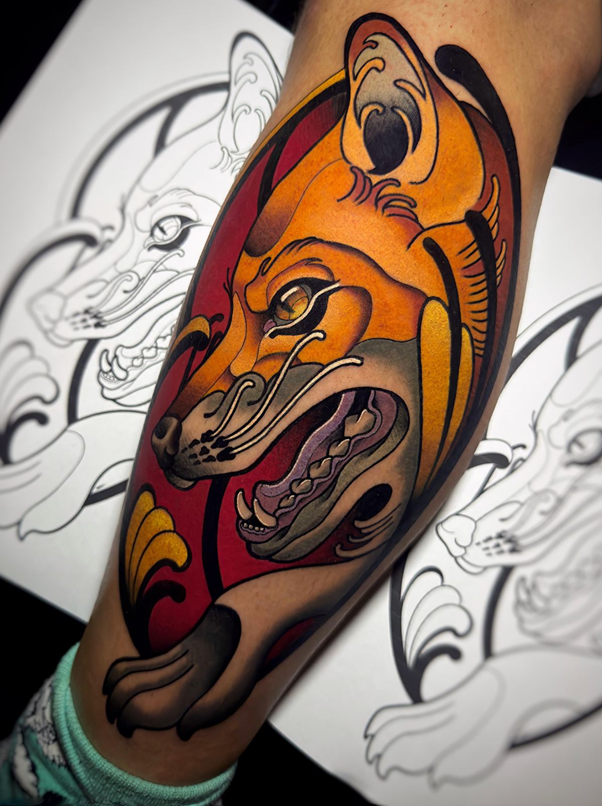 Colour neo-traditional fox tattoo